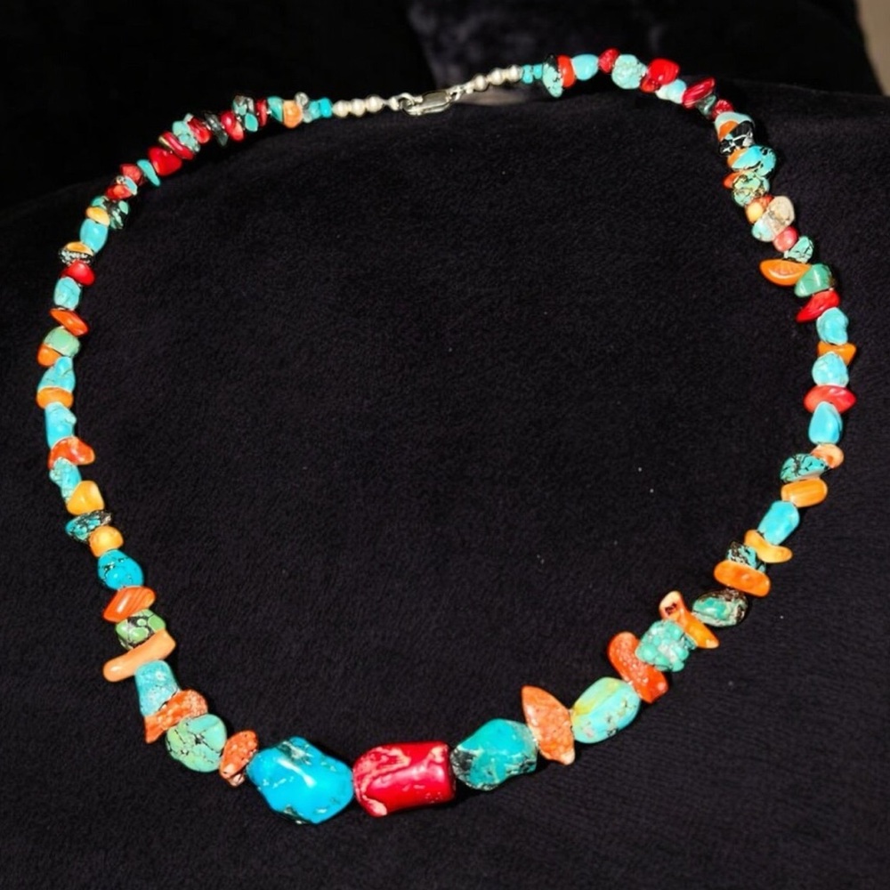 Vintage Navajo Coral Turquoise Nugget Sterling Silver Beaded Necklace